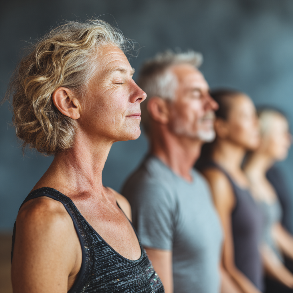 Middle-aged adults practicing gentle yoga poses in a calm studio setting