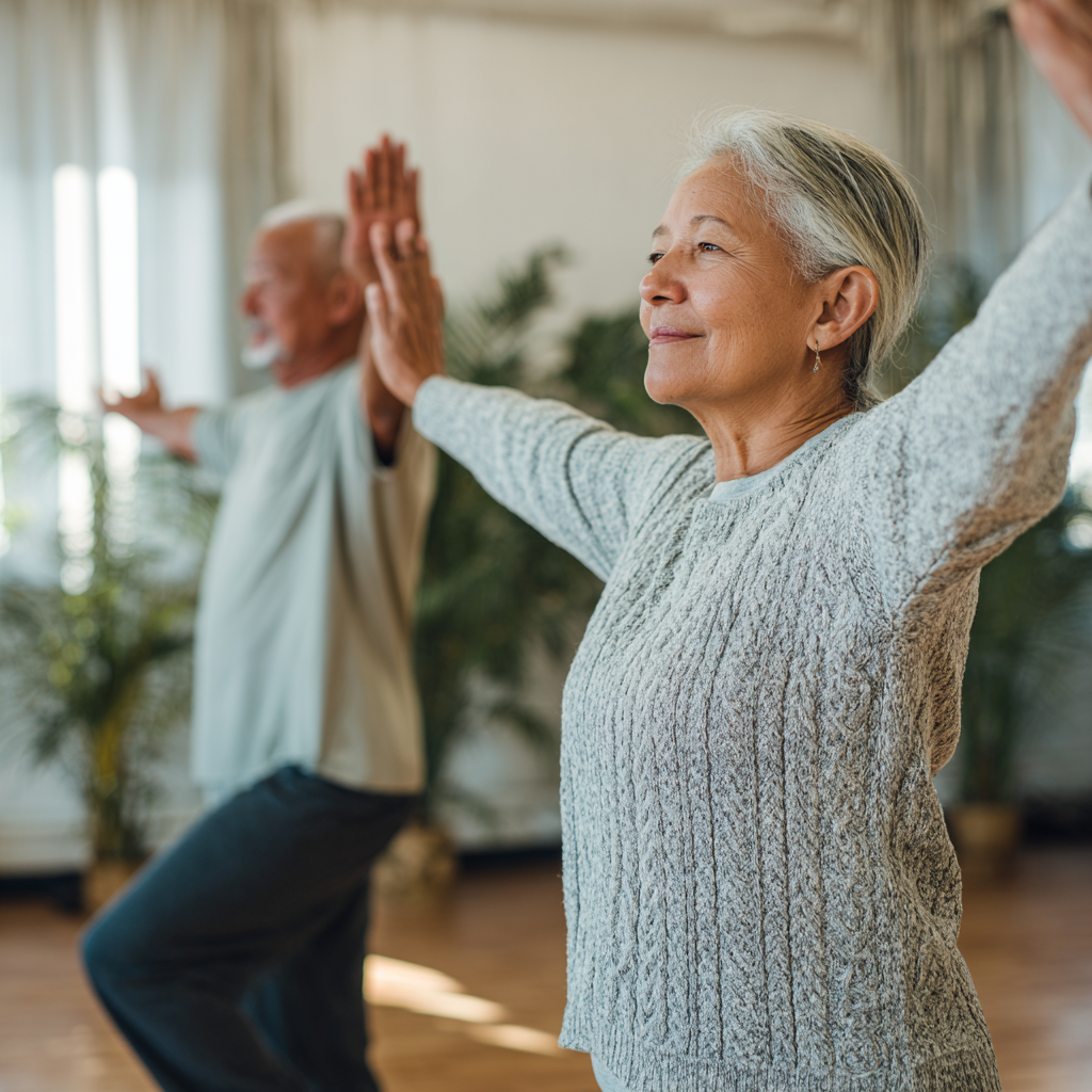 Older adults practicing mindful movement and balance exercises in a serene environment